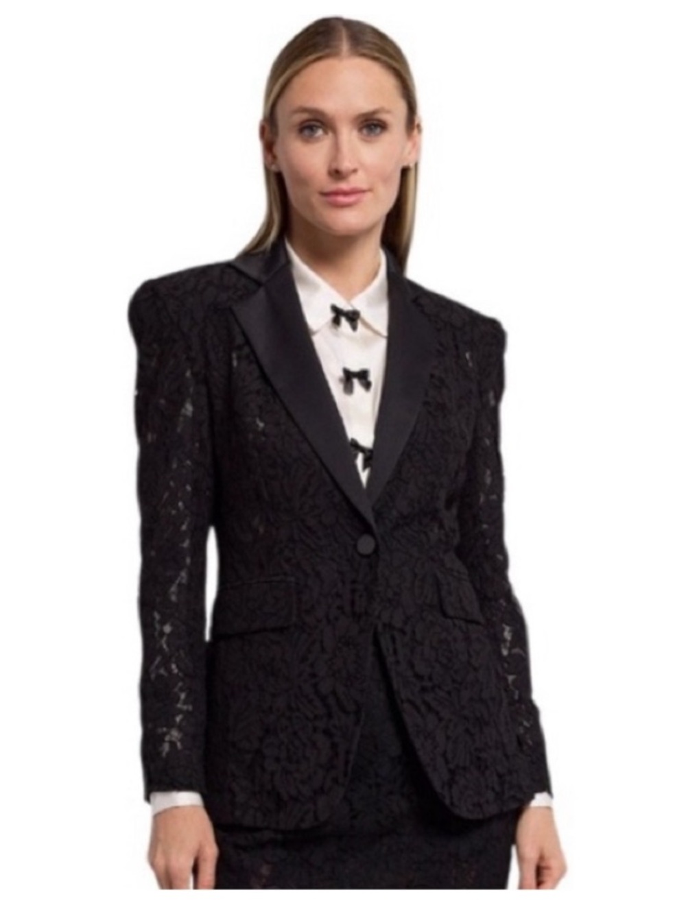 Black Lace Button Blazer with Linen Collar